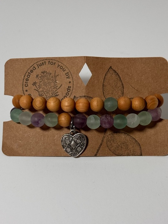 Handmade Jewelry - Handmade Heart Charm Beaded Bracelet Set - Green, Purple & Natural Wood